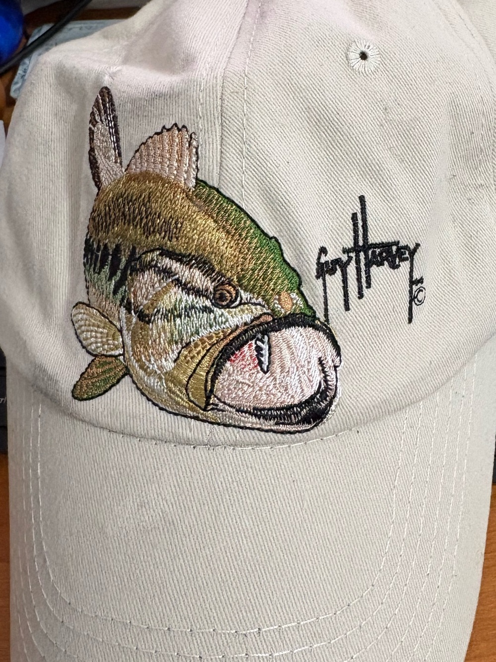 Guy Harvey Tan Embroidered Large Mouth Bass Trucker Cap Hat Adjustable NWT
